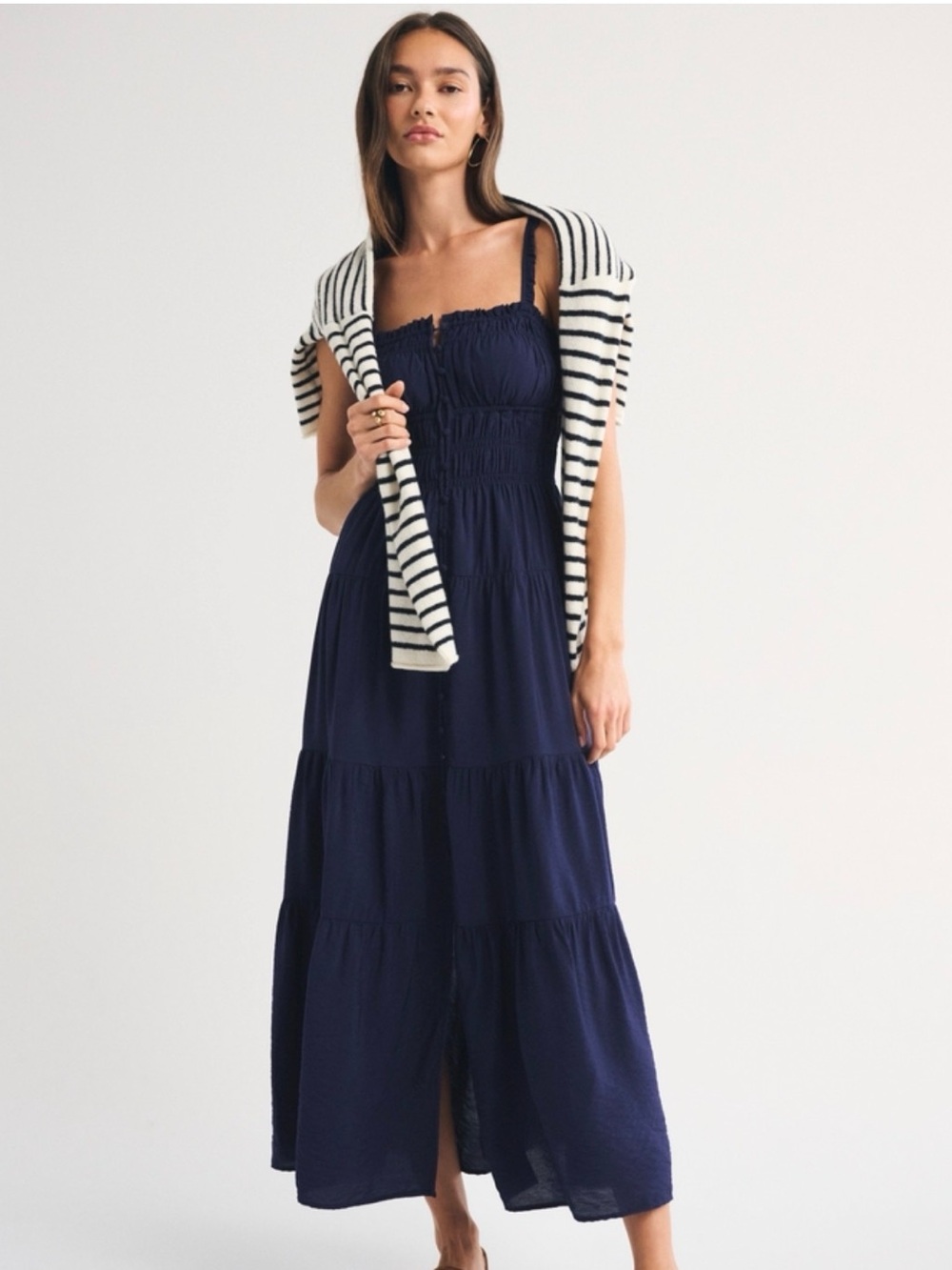 Abercrombie & Fitch Navy Blue Smocked Tiered Maxi Dress in Size XS
